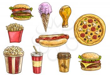 Fast food snacks and desserts sketch icons. Isolated vector elements of cheeseburger, hamburger, hot dog, french fries in box, pizza, chicken leg, ice cream cone, popcorn, soda drink, coffee cup