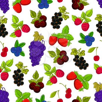 Berries and fruits seamless background. Wallpaper with vector pattern of strawberry, blackberry, blueberry, cherry, raspberry, black currant, grape