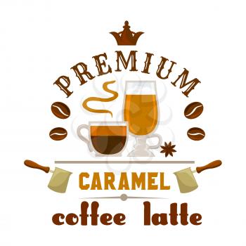 Coffee Latte Caramel cup. Vector emblem for cafe label, menu promo element, cafeteria signboard, fast food menu, coffee shop