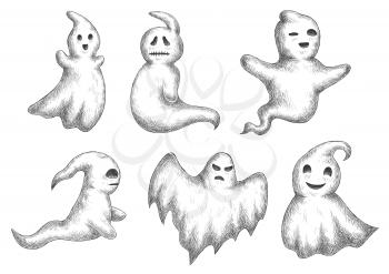 Cartoon halloween funny ghosts icons. Sketch vector characters of cute and scary spooks and bogeys with face expressions for decoration