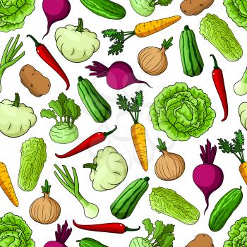 Vegetables seamless background. Wallpaper with pattern of fresh farm vegetarian food cucumber, napa, cabbage, beet, onion, squash, zucchini, kohlrabi for grocery store, food market, restaurant, menu s