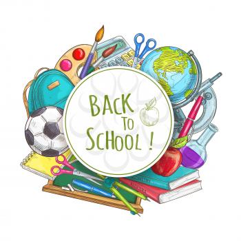Back to school banner with school supplies. Rucksack, globe, pen, soccer ball, microscope, pencil, copybook, textbook, flask, scissors, apple, compass chalk blackboard watercolor paint brushes calcula