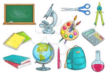 Back to school school supplies icons. Vector sketch elements of chalk blackboard, microscope, copybook, textbook, watercolor paint brushes, globe, pen, rucksack, chemical flask, scissors compass calcu