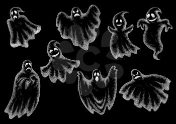 Halloween funny comic ghosts icons. Chalk cartoon bogey and spooks characters on blackboard with face expressions smiling, laughing, scared, angry, indifferent, serious, shy, dancing, levitating
