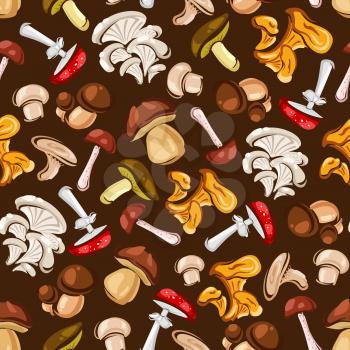 Forest Mushrooms seamless background. Wallpaper with vector pattern icons of amanita, champignon, lactarius, boletus, porcini, milk mushroom, lactarius, boletus