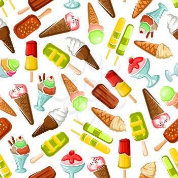 Ice cream seamless wallpaper. Background with pattern of color ice cream desserts. Eskimo pie, slushie, frozen ice, sorbet, gelato, sundae, scoops in cones and cups for cafe or restaurant menu, decora