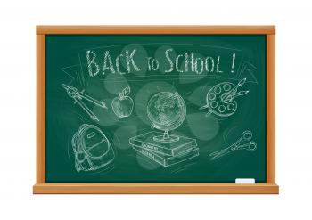 Back to School welcome banner with green blackboard and chalk doodle sketch icons of school supplies compass, apple, backpack, rucksack, globe, books, watercolor paint brushes, scissors