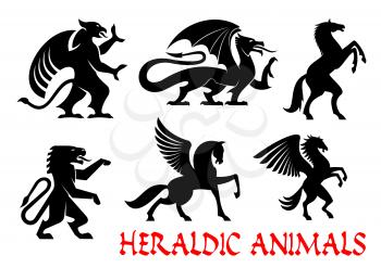 Heraldic animals icons. Griffin, Dragon, Lion, Pegasus, Horse outline silhouettes for tattoo, heraldry or tribal shield emblems. Fantastic mythical creatures. Vector graphic elements