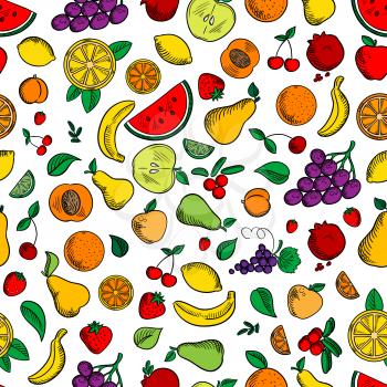 Fruits and berries seamless background. Wallpaper with vector pattern icons of apple, strawberry, orange, grape, lemon, banana, pomegranate, apricot, pear watermelon cherries cranberries