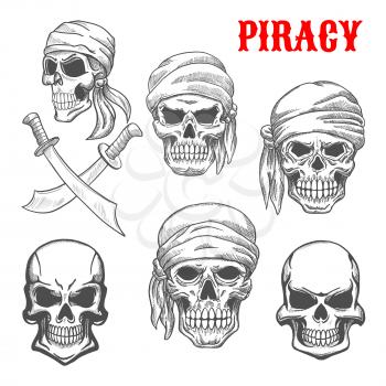 Pirate skulls in head scarfs. Artistic pencil sketch icons. Cranium and crossbones in piracy style for cartoon, label, tattoo, t-shirt, halloween poster