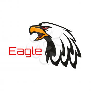 Eagle harsh crying. Vector emblem of hawk with open beak. Heraldic label for team mascot shield, icon, badge, tattoo. Falcon symbol for scout, sport, guard, club identity icon