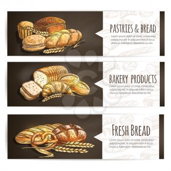 Bakery fresh bread and pastries poster. Vector sketch icons of bagel, pretzel, croissant, baguette, loaf, cake, muffin, bun for bakery, patisserie, cafe pastry shop signboard menu