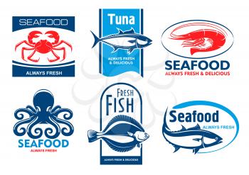 Seafood products tags and emblems. Vector icons for product, company, restaurant label. Graphic symbols of crab, tuna, shrimp, octopus, flounder, fish