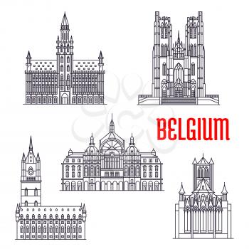 Famous historic buildings of Belgium. Vector thin line icons of Town Hall, Michael and Gudula Cathedral, Cloth Hall, Central Station, Peter Church Leuven. Belgian architecture symbols for souvenirs, p