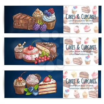 Bakery desserts and sweets poster. Confectionery, pastries, cupcakes, cakes, cookies with berries. Vector banner for patisserie, cafe leaflet, pastry shop signboard, menu