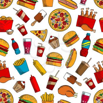 Fast food seamless background. Hamburger, chicken leg, muffin, cheeseburger, coke, fries, soda, hot dog, pizza, ice cream, coffee ketchup mustard cupcake icons Kitchen or restaurant decoration wallpap