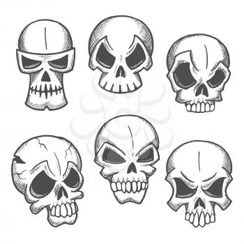 Artistic skeleton skulls sketches icons. Abstract cranium shapes with expressions. Skull icons for cartoon, label, tattoo, halloween decoration