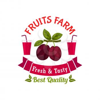 Fruits Farm product sticker. Plums on stem with leaves. Vector emblem icon for juice packaging, drink label, grocery store, cafe banner