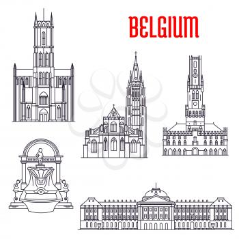 Famous historic buildings of Belgium. Thin line icons of Manneken Pis, Royal Palace, Belfry of Bruges, Church of Our Lady, St Bavo Cathedral. Belgian showplaces symbols for souvenirs, postcards, t-shi