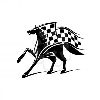 Horse with checkered flag. Horse racing vector emblem for car races icon, sport club label, bookmaker signboard, team shield, badge