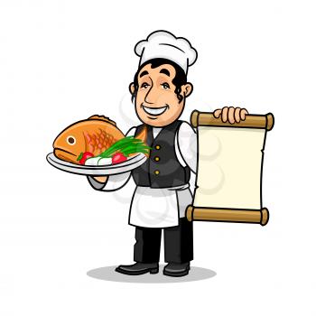 Fish restaurant Chef holding menu card template and fried fish dish. Vector icon for restaurant label, signboard