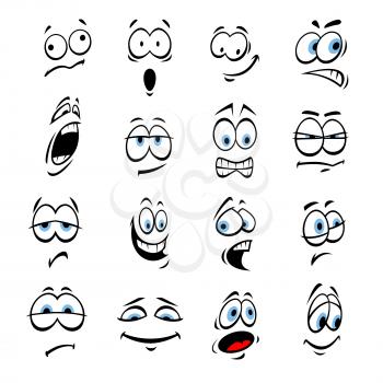 Cartoon eyes with face expressions and emotions. Cute smiles icons for emoticons. Vector emoji elements smiling, happy, sad, angry, mad, stupid, shocked, comic, upset, silly scared sneaky surprised