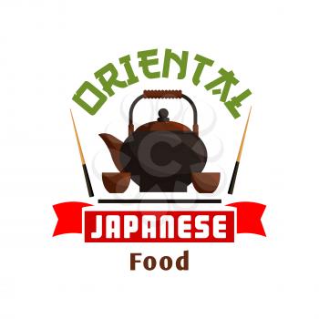 Japanese food icon. Teapot and chopsticks label. Oriental cuisine emblem for restaurant, eatery menu. Advertising sticker for door signboard, poster, leaflet, flyer