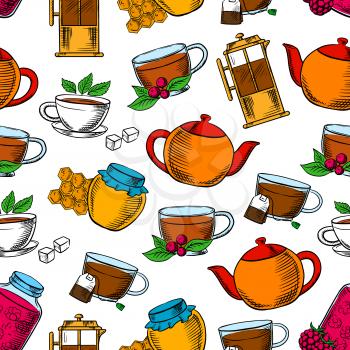Tea time seamless background. Wallpaper with vector pattern icons of tea pot, kettle, coffee maker, french press, honey in honeycomb, jam, berries, sugar, tea leaves