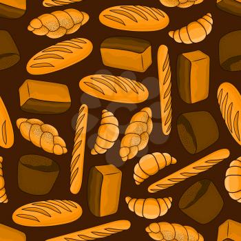 Bread seamless background. Wallpaper with bakery pattern vector icons of croissant, baguette, bun, loaf, bagel. Decoration for patisserie, cafe, bakery, pastry shop