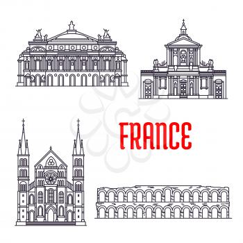 Historic architecture buildings of France. Vector thin line icons of Opera Garnier Grand Opera, Arena of Nimes, Abbey of Saint-Remi, Sorbonne. French showplaces symbols for souvenirs, postcards, t-shi