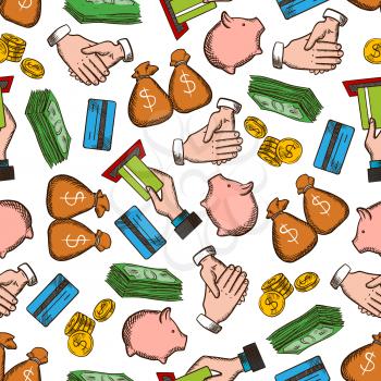Business, Money, Success seamless background. Wallpaper with vector pattern icons of credit card, handshake, piggy bank, dollar, banknote, coin. Businessmen partnership, income and savings concept