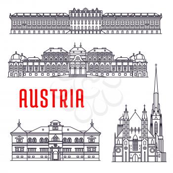 Historic architecture buildings of Austria. Vector thin line icons of Schonbrunn Palace, St. Stephen Cathedral, Belvedere, Hellbrunn Palace. Austrian showplaces symbols for souvenirs, postcards, decor