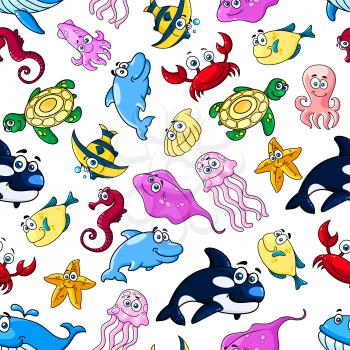 Cartoon cute smiling sea and ocean fishes seamless background. Funny kid wallpaper with colorful characters of whale, dolphin, clown fish, starfish, jellyfish, crab, octopus, squid, shell, flounder, t