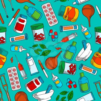Medical treatments and medication icons. Seamless wallpaper background with vector pattern of cure and medicine supplies ointment, pill, dropper, syringe, solution, tube, herbal syrup, mortar, crutch
