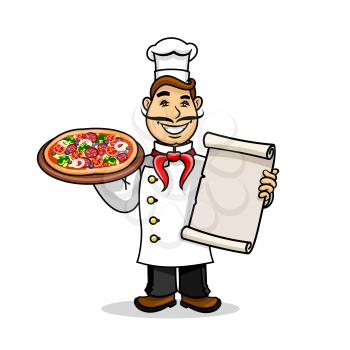 Pizzeria icon. Italian Chef in uniform and cooking cap holding menu card template and pizza. Vector emblem for restaurant signboard, menu, decoration