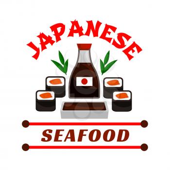 Japanese seafood restaurant emblem. Sushi rolls and sauce bottle icons. Oriental cuisine design for restaurant, eatery and menu. Advertising sticker for door signboard, poster, leaflet, flyer