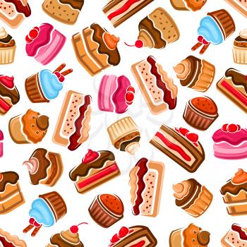 Desserts and sweets seamless background. Wallpaper with vector icons of patisserie confectionery chocolate cupcakes, biscuit cakes, muffins, whipped cream, strawberry and cherry topping
