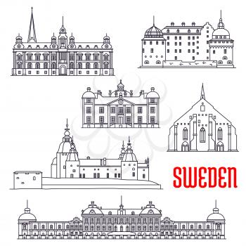 Historic architecture buildings of Sweden. Vector thin line icons of Vadstena Abbey, Malmo Town Hall, Kalmar, Orebro and Stromsholm Castle, Drottningholm Palace. Swedish showplaces symbols for souveni