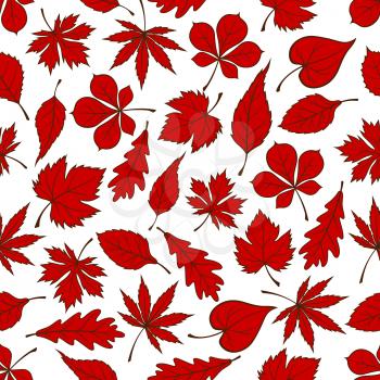 Red autumnal fallen leaves seamless pattern on white background with foliage of oak, maple, chestnut, birch, grape, beech and elm trees. Nature theme or autumn season design