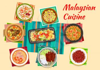 Malaysian cuisine icon with vegetable and egg salad, meat skewers satay with peanut sauce, pineapple and cucumber salad, beef ribs soup, fried rice with shrimps, crispy beef and rice porridge
