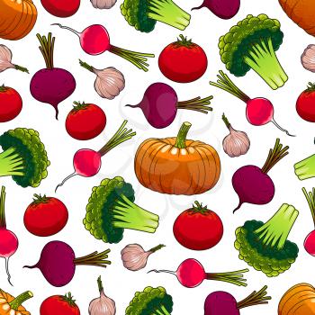 Seamless pattern of fresh veggies with ripe tomato, pumpkin, broccoli, beet, radish and garlic vegetables. Organic farming, vegetarian food and agriculture themes design