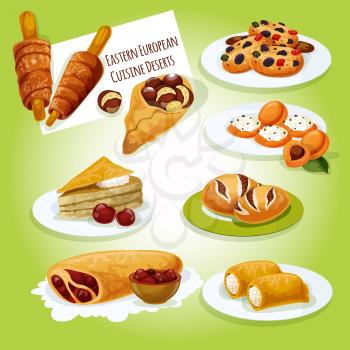 Eastern european cuisine desserts icon of caramel dobosh cake, pancake with cottage cheese, dried fruit cookie, poppy seeds bun, cherry strudel, cheese stuffed apricot, chimney cake, roasted chestnut