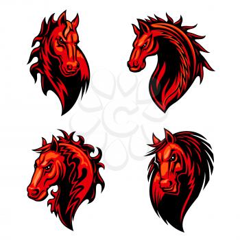 Flaming horse mascot of dangerous fiery red stallion with mane decorated curly fire flames and tribal ornament. Sporting team, equestrian sport and t-shirt print design