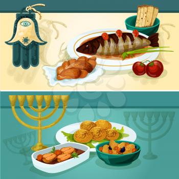 Jewish cuisine festive dinner banners with matzah and challah bread, gefilte fish, chickpea falafel, stuffed pike fish and lamb stew with hamsa hand amulet and menorah with candles