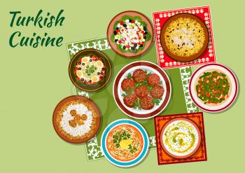 Turkish cuisine icon with chicken pilaf, rice soup with mint, meatballs kofte, white bean salad, chicken vermicelli soup, shepherd vegetable salad, circassian chicken with walnuts, green bean salad