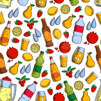 Pattern of fruits and cold drinks with seamless background of soft beverages, juice and water bottles, lemonade jar, fresh strawberry, lemon, pear, pomegranate and cranberry fruits