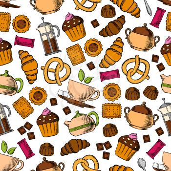 Pastries and sweets with tea drinks seamless background with pattern of tea cup, cupcake, croissant, chocolate, cookie, candy, pretzel, tea pot and sugar bowl