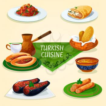 Turkish cuisine dinner with dessert and coffee symbol of stuffed eggplant, vegetable meat pie pide, turkish coffee, bread, fried feta rolls, bean stew, lentil soup, phyllo pastry with chees