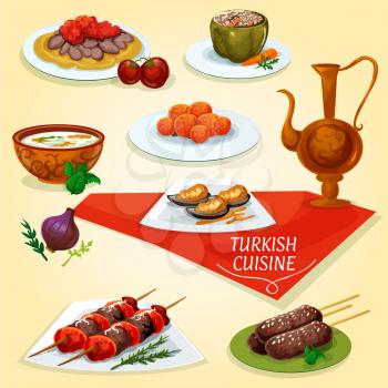 Turkish cuisine kebab meat dishes icon served with meat skewers shish kebab, iskender kebab on flatbread, lamb kefta kebab, rice soup with mint, carrot balls, stuffed pepper dolma, batter mussels