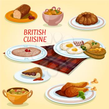 British cuisine icon with fried eggs and bacon, steak and kidney pie, turkey with cranberry sauce, pudding, oatmeal porridge, gingerbread cake, scottish lamb soup, potato and anchovy salad